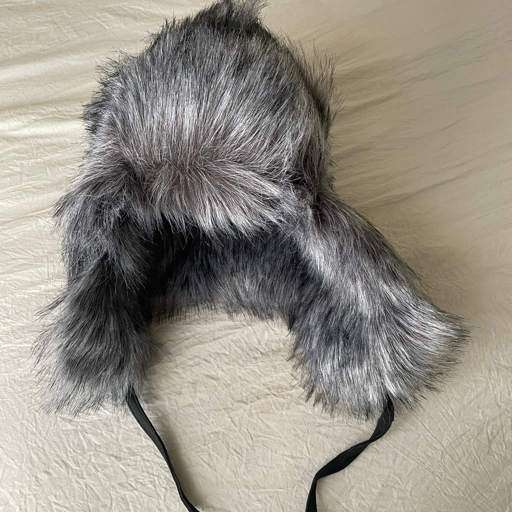 Faux Fur Hat - Black/White covers ears with string to hide under the neck. Warm.